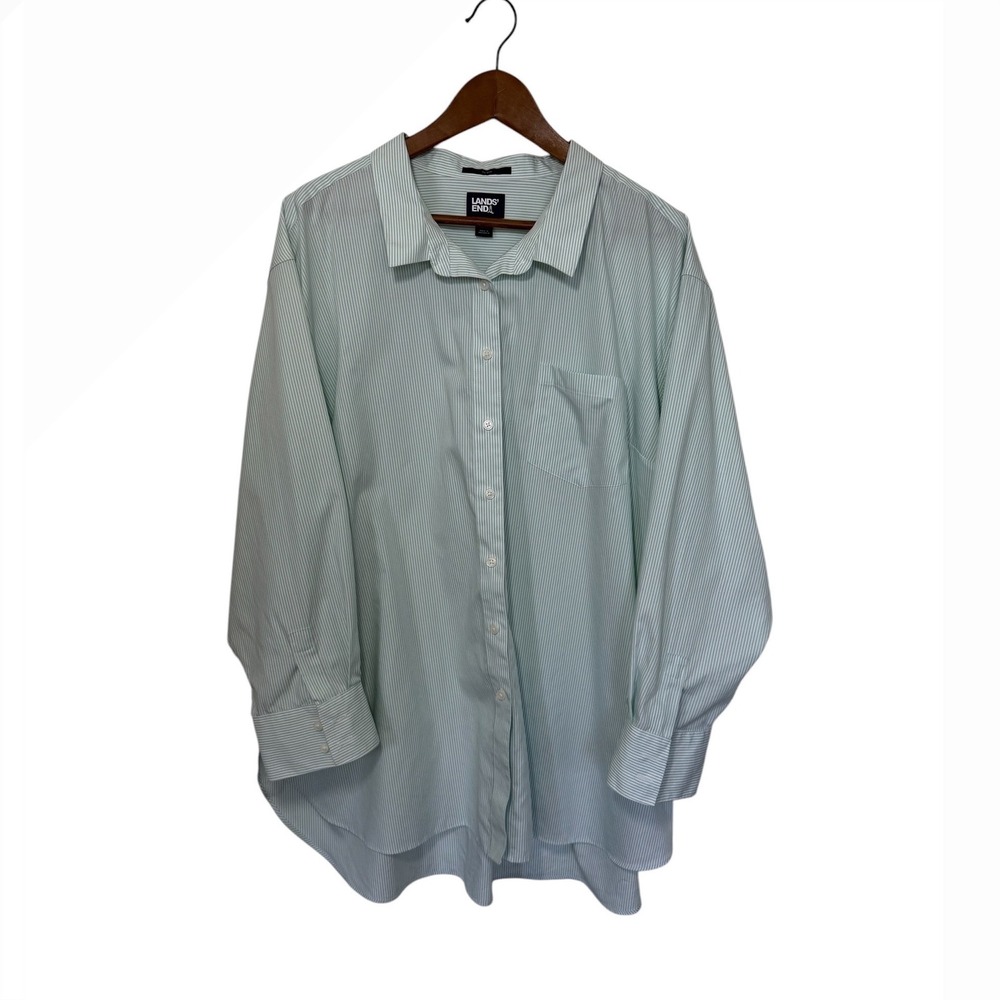 Lands End Womens Mint Green Striped Button Down Shirt 3X No Iron Cotton